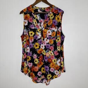 Torrid Tank Top Womens 1X Plus Black Floral Sleeveless Harper VNeck Tunic Blouse